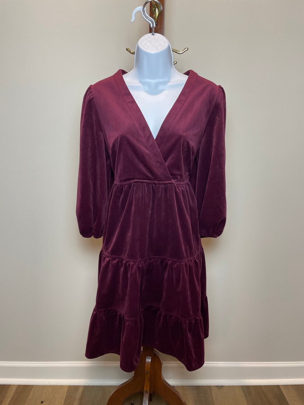 Melonie T Burgundy Corduroy Blouson Dress Puff Sleeves Size 12
